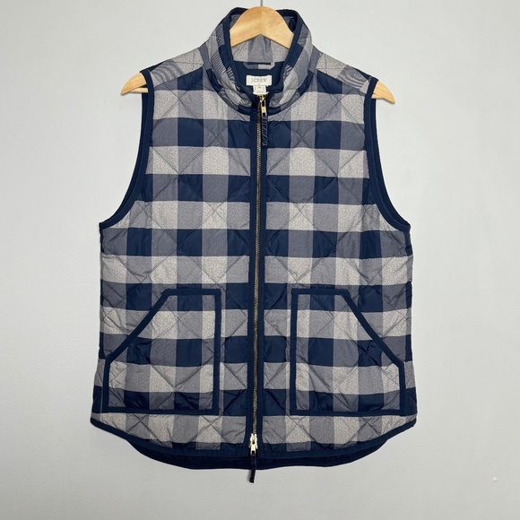 J. Crew Excursion Women's Quilted Puffer Vest Blue Buffalo Plaid Sz Medium - Picture 2 of 6